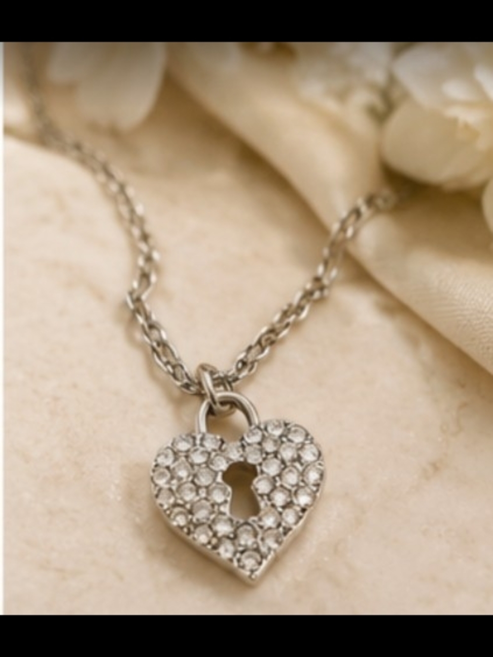 Crystal Pavé Heart Lock Necklace in Silver